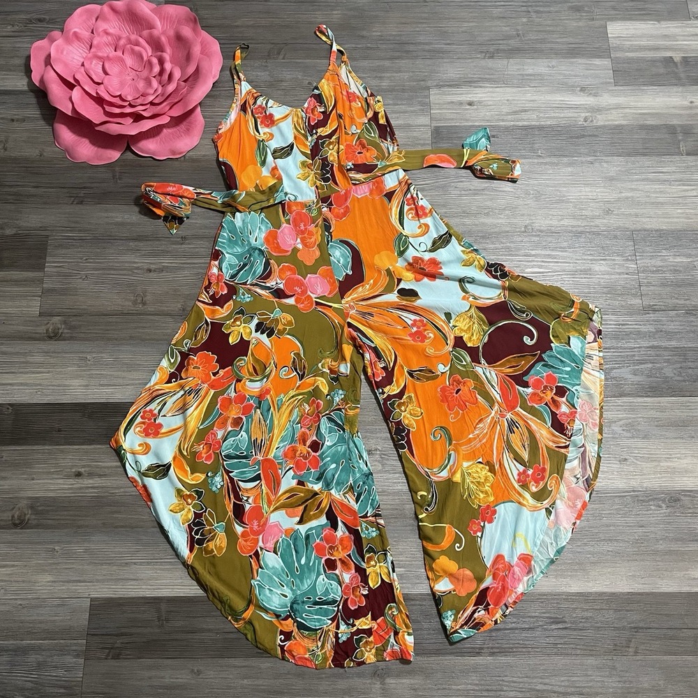 1. STATE Sz M Floral Tropical Botanical Paisley Wide Leg Gaucho‎ Jumpsuit Boho